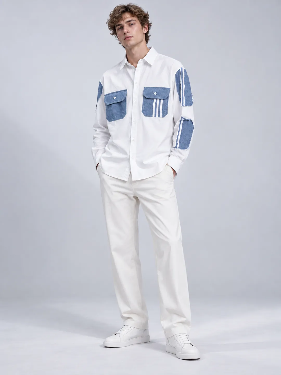 White Denim Panel Shirt — campaign image 1
