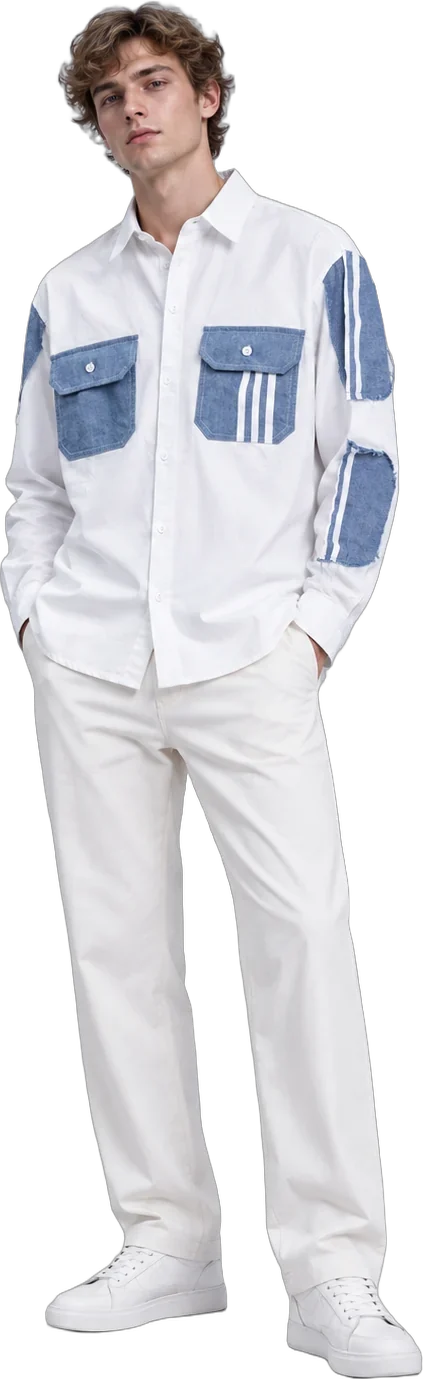 White Denim Panel Shirt, styled on model