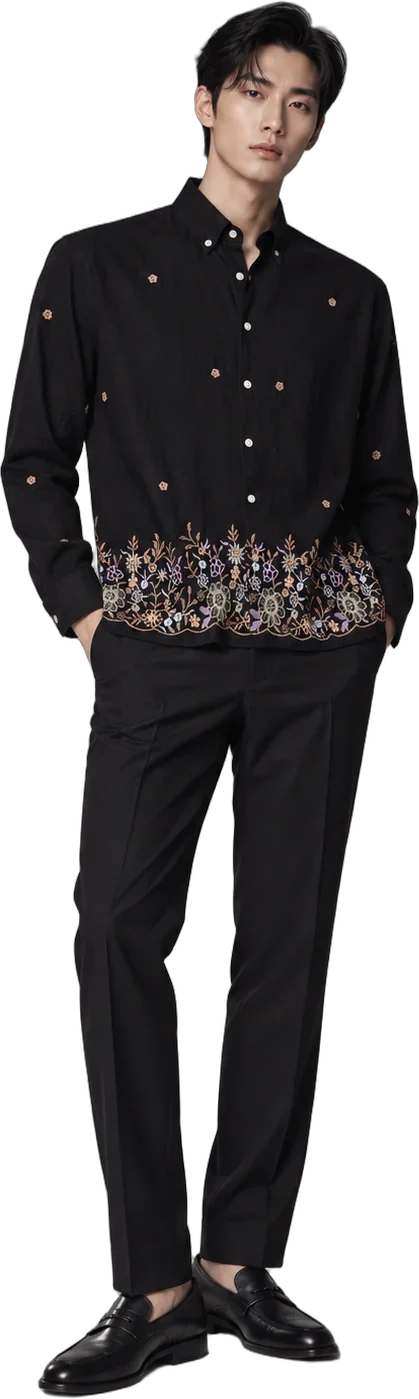 Embroidered Hem Shirt, styled on model